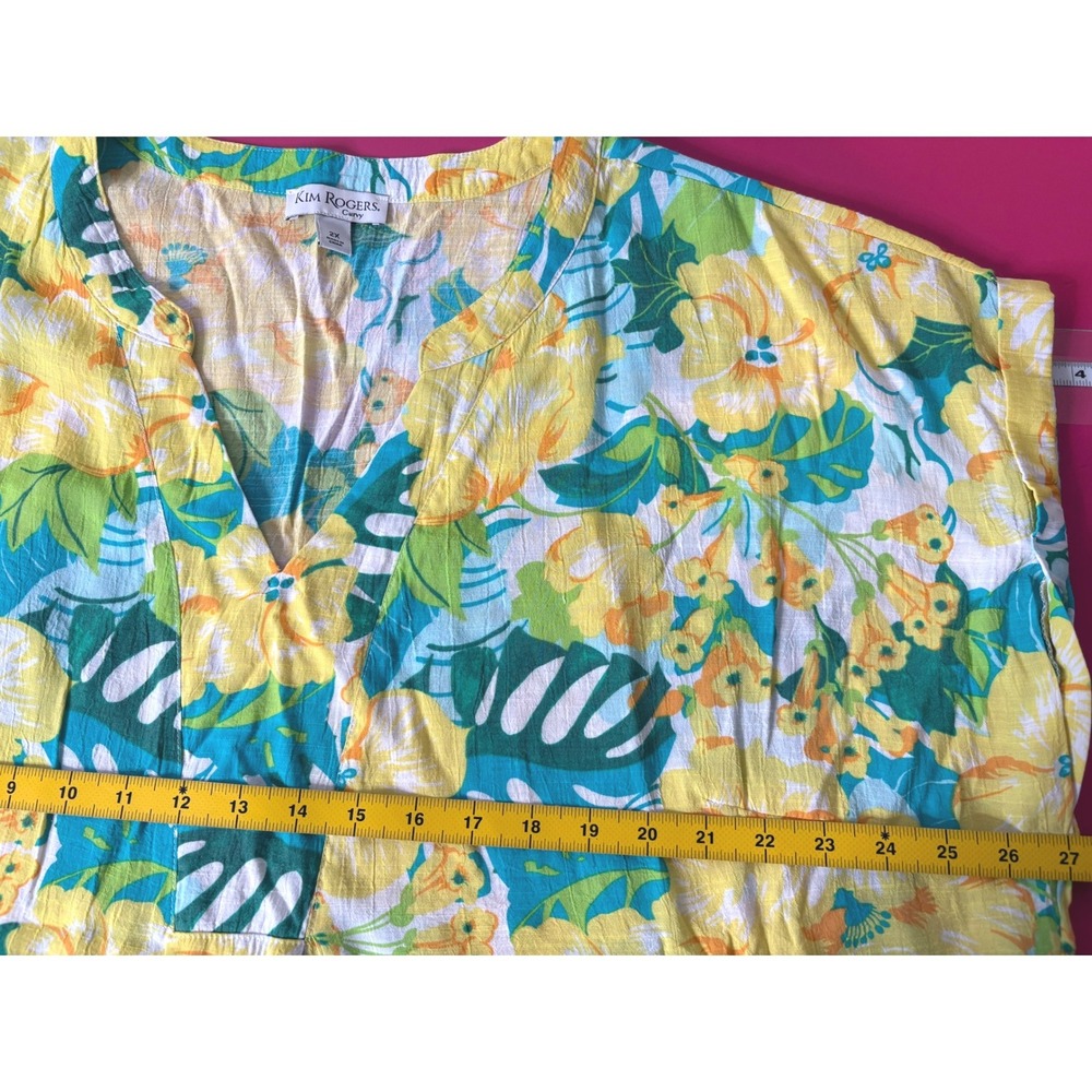 KIM ROGERS Womens Yellow Floral Tropical V-Neck Blouse 2X Flowy Airy Boho Artsy - Picture 7 of 9